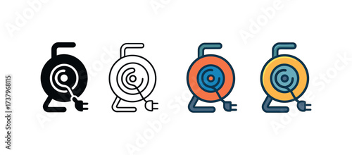 Vector icon cable reel four styles black solid glyph outline minimal flat multicolor filled cartoon flat shaded.