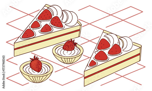 Delicious Strawberry Shortcake Slices and Individual Strawberry Cream Desserts on a Delightful Plaid Surface Pattern
