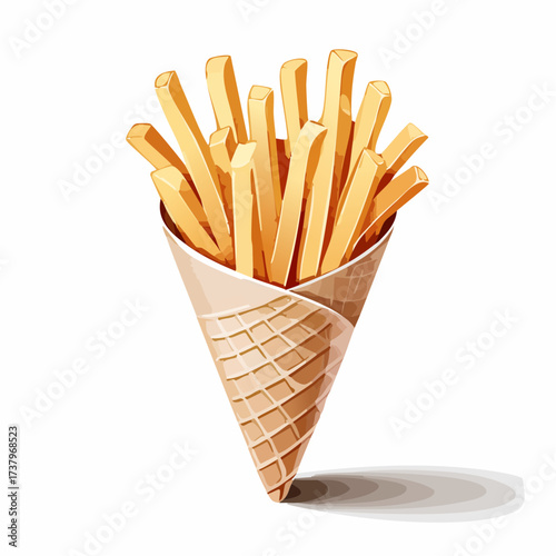 A creative illustration of golden french fries served in a waffle ice cream cone, isolated on a white background.