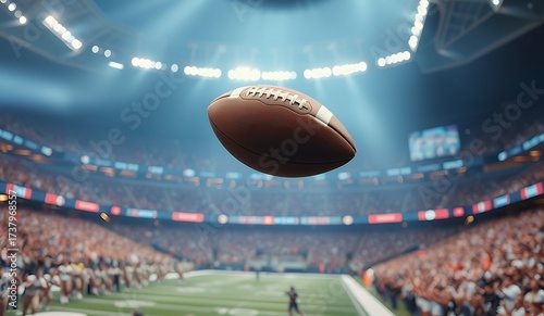 An American football suspended in the air above a packed stadium filled with spectators under bright lights
