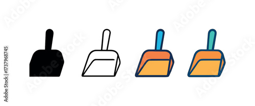 Vector icon dustpan four styles black solid glyph outline minimal flat multicolor filled cartoon flat shaded.