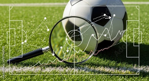 A soccer ball sits on a vibrant green field, partially obscured by a magnifying glass, with a diagram of a soccer field and statistical data overlaid on the scene, suggesting analysis