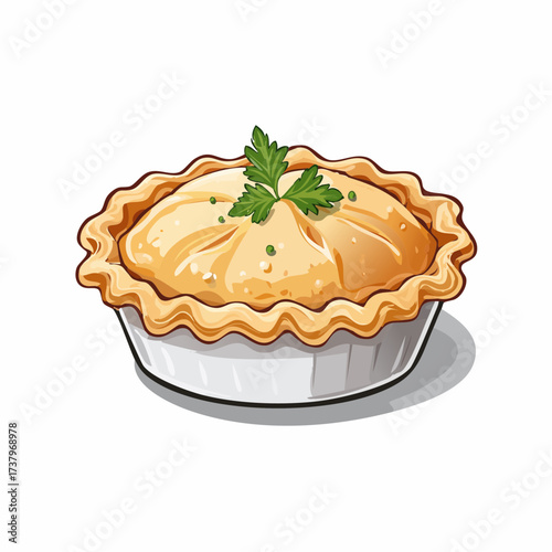 A delicious homemade savory pot pie with a golden flaky crust, garnished with a sprig of fresh parsley.