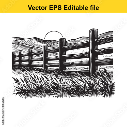 Vector art of rustic wooden fence in a field with tall grass and mountains