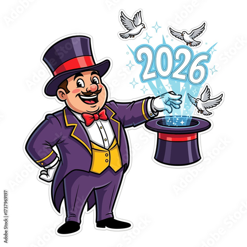 A magician in a purple suit and top hat conjures the year 2026 with doves flying from a top hat new year bird illusion trick performance entertainment