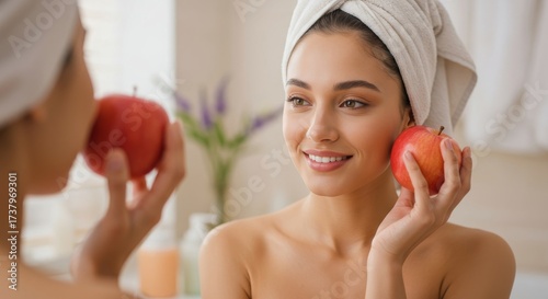 Tender Wellness: Woman Holds a Rosy Apple in a Dreamy Modern Bath