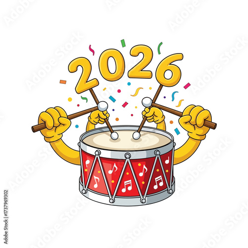 Cartoon illustration of the year 2026 with golden numerals a red drum decorated with musical notes and yellow hands holding drumsticks amidst colorful confetti