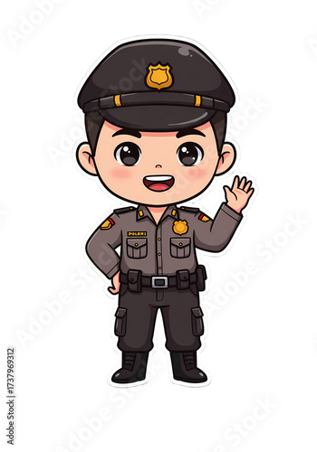Cute Cartoon Indonesian Policeman Waving Hand Illustration png clear alpha channel cutout isolated on transparent background