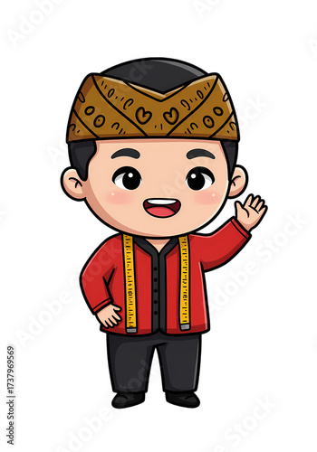 Cute Cartoon Javanese Boy Character Waving png clear alpha channel cutout isolated on transparent background