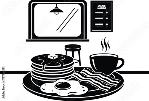 Classic american breakfast with pancakes bacon and coffee