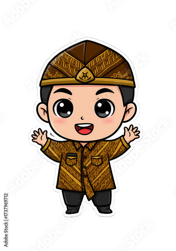 Cute Cartoon Javanese Boy in Traditional Batik Outfit png clear alpha channel cutout isolated on transparent background