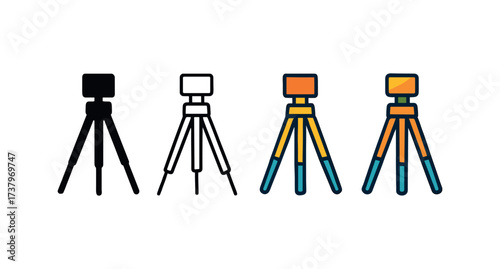 Vector icon survey tripod four styles black solid glyph outline minimal flat multicolor filled cartoon flat shaded.