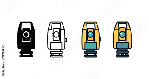 Vector icon total station four styles black solid glyph outline minimal flat multicolor filled cartoon flat shaded.