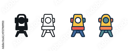 Vector icon theodolite four styles black solid glyph outline minimal flat multicolor filled cartoon flat shaded.