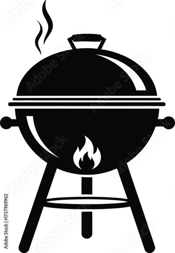 Black silhouette of a kettle grill with flames and smoke