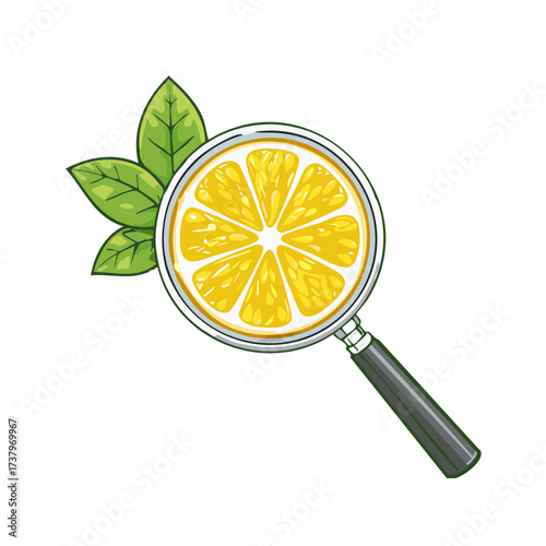 Magnifying glass examining a fresh yellow lemon slice with green leaves concept illustration