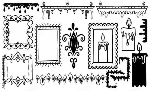 Hand-Drawn Horror Frames, Gothic Borders, and Dripping Candle Icons for Halloween Decorative Design