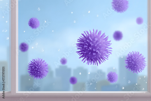 Illustration of viruses floating in the air, viewed through a window, depicting a health-related concept. The viruses are depicted in a spherical shape and vibrant color.