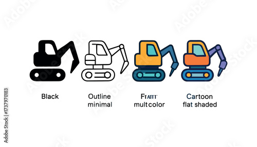 Vector icon demolition robot four styles black solid glyph outline minimal flat multicolor filled cartoon flat shaded.