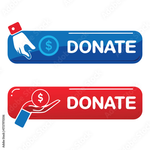 Blue and red donate buttons with hand and dollar coin icons vector illustration