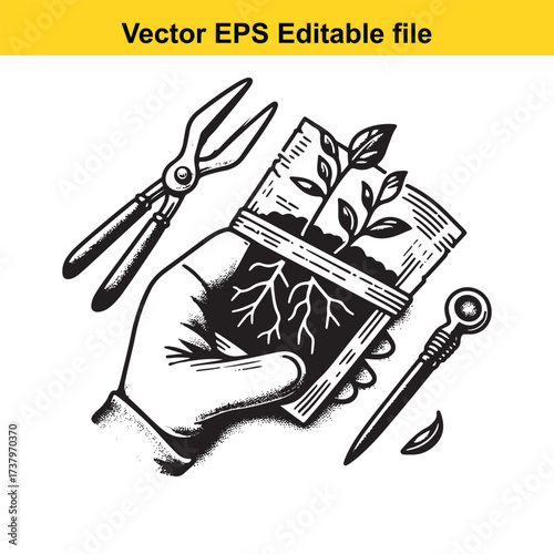 Vector art of hand holding seedling bag with gardening tools