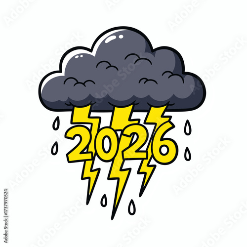 Dark rain cloud with yellow lightning bolts striking the number 2026 surrounded by falling water drops 159 characters year weather storm thunder dark cloud