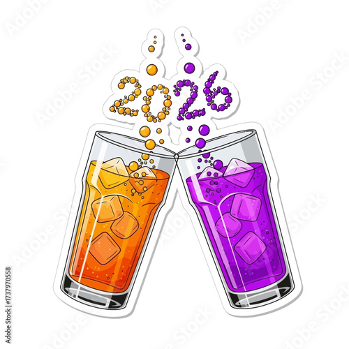 Two glasses with vibrant orange and purple drinks ice cubes bubbles and the year 2026 depicted with colorful circles and spheres New Year celebration toast