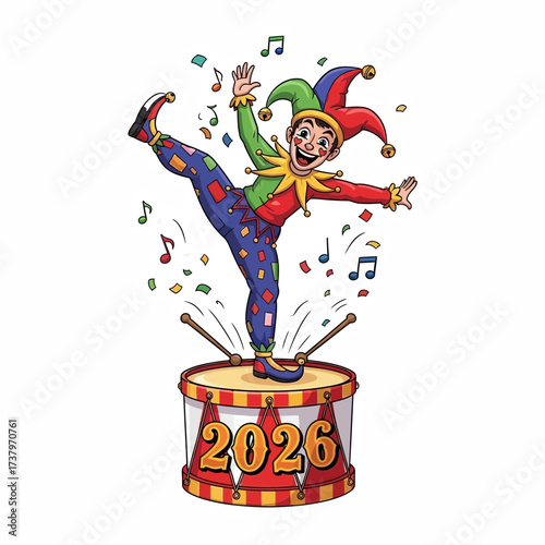 A jester in a colorful costume dances joyfully on a drum decorated with the year 2026 surrounded by falling confetti and musical notes clown carnival celebration