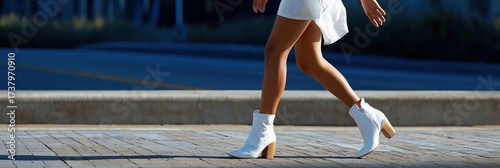 Young adult female walking in white boots on sunlit sidewalk