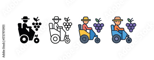 Vector icon vineyard harvester four styles black solid glyph outline minimal flat multicolor filled cartoon flat shaded.