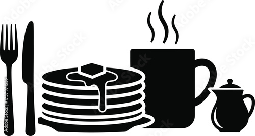 Classic breakfast stack of pancakes with coffee and syrup
