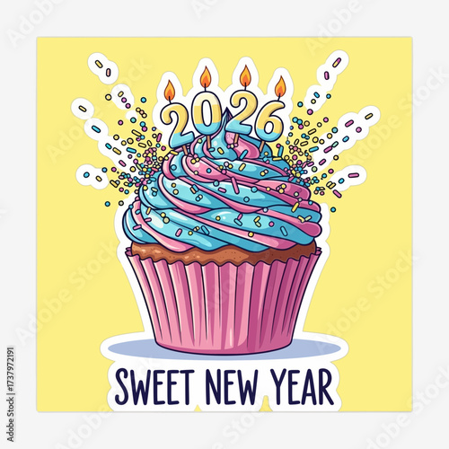 A festive cupcake adorned with candles shaped as the year 2026 and colorful sprinkles set against a bright yellow background with celebratory confetti