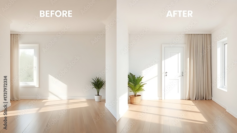 Fototapeta premium Interior renovation progress comparison, showing a simple room transformation with ambient lighting.