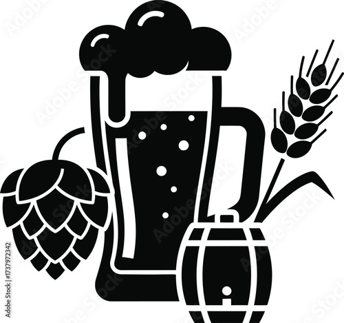 Beer ingredients and brewing elements icon set