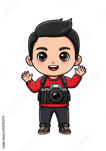 Cute Cartoon Photographer Boy with Camera Illustration png clear alpha channel cutout isolated on transparent background