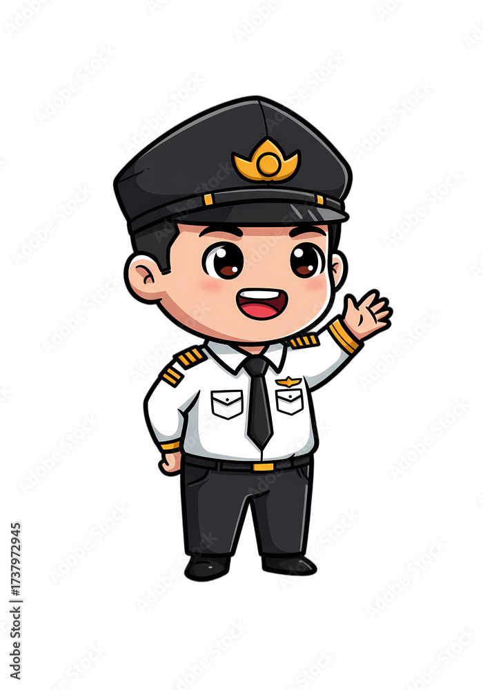 Fototapeta premium Cute Cartoon Pilot Character Waving png clear alpha channel cutout isolated on transparent background