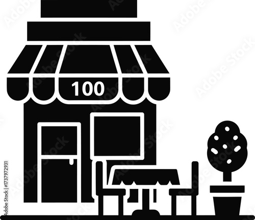 Black and white illustration of a storefront with outdoor seating