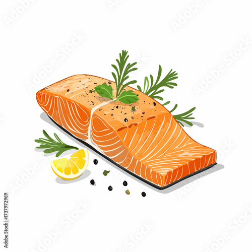 Fresh salmon fillet with rosemary, parsley, and lemon slice, seasoned with black pepper on a white background.
