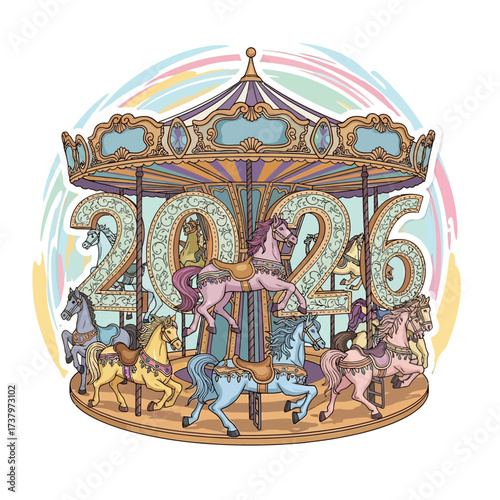 An ornate carousel with colorful horses features the year 2026 depicted in large decorative numbers celebration new year festive ride amusement park vintage