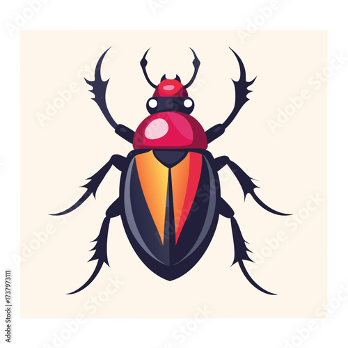 Flat design illustration of a red and black beetle with yellow accents vector illustration