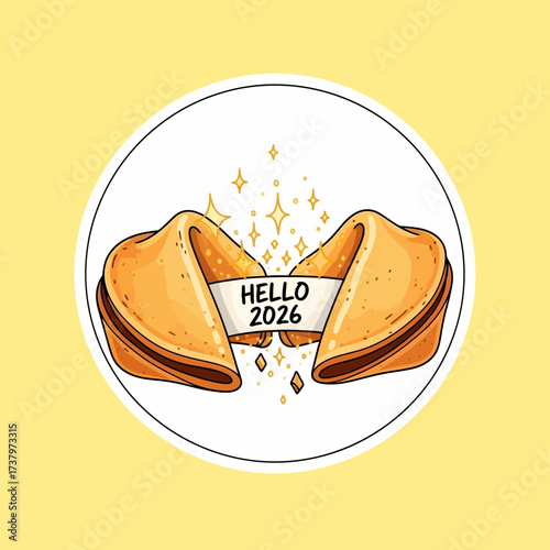 Open fortune cookie with HELLO 2026 message and sparkling celebratory stars presented on a yellow background New Year Celebration Greeting Future Year