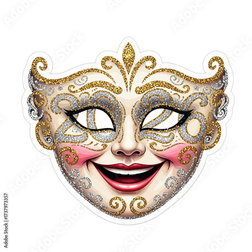 Ornate Venetian masquerade mask featuring a wide smile bright pink blush gold and silver glitter accents and intricate scrollwork patterns festival costume