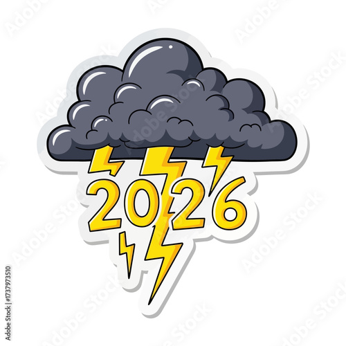 Dark storm cloud with bright yellow lightning bolts striking the numbers 2026 graphic representation of impending challenges thunder weather year future