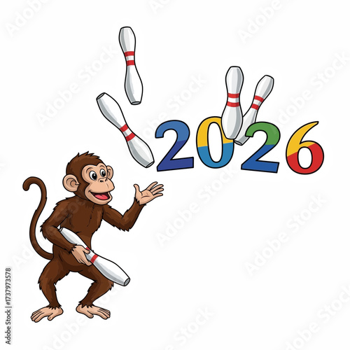 Monkey juggling bowling pins with colorful number 2026 on white background Animal Game Sport Funny Cartoon Cute Playful Recreation Entertainment Celebrations