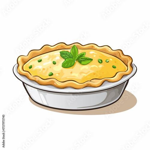 A cartoon illustration of a savory quiche or pie in a white baking dish, garnished with fresh green herbs.