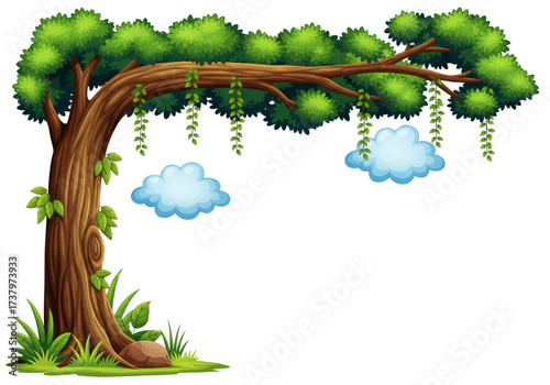 Vibrant cartoon tree illustration with a thick brown trunk, lush green foliage, hanging vines, and two blue clouds. Nature border clip art.