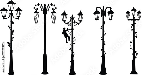Vintage street lamp post silhouettes vector set with decorative iron design, urban city lighting illustration, classic lantern art for architecture.