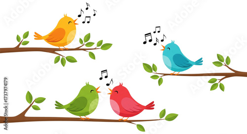 Four colorful cartoon birds singing happily on tree branches with green leaves. Cute vector illustration of nature and music.