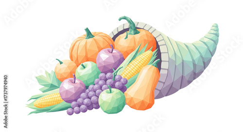 Low poly digital illustration of a cornucopia overflowing with a colorful autumn harvest. Pumpkins, apples, grapes, corn, squash.