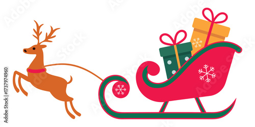 Festive Christmas illustration of a reindeer pulling a decorated sleigh filled with colorful gift boxes and holiday cheer